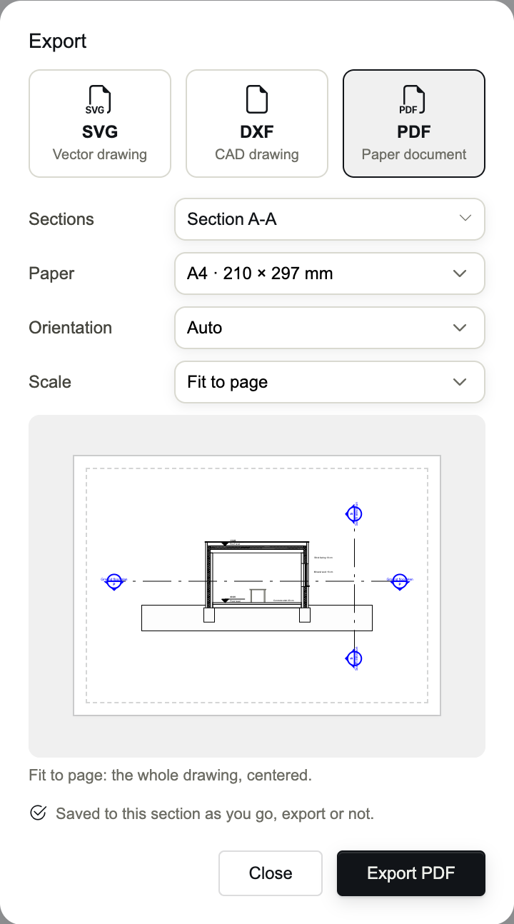 The export dialog on PDF: paper A4, orientation Auto, scale Fit to page, and the sheet's preview.