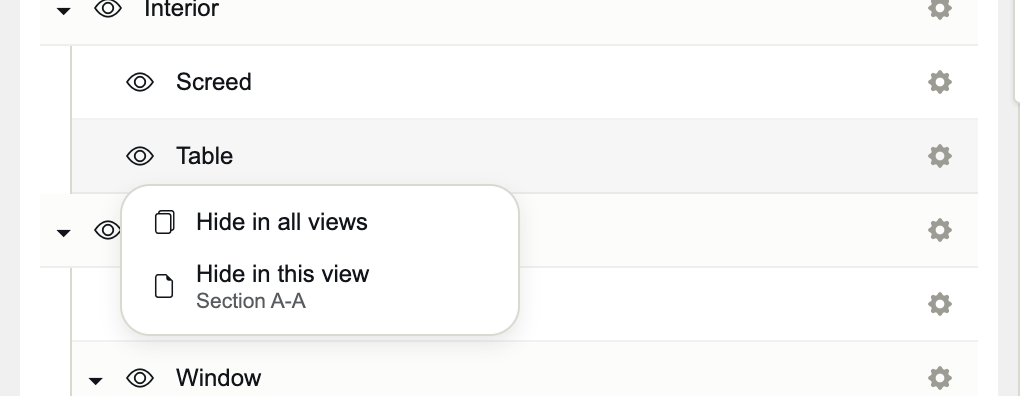 Het menu van het oog op de rij Table: Hide in all views, Hide in this view — Section A-A.