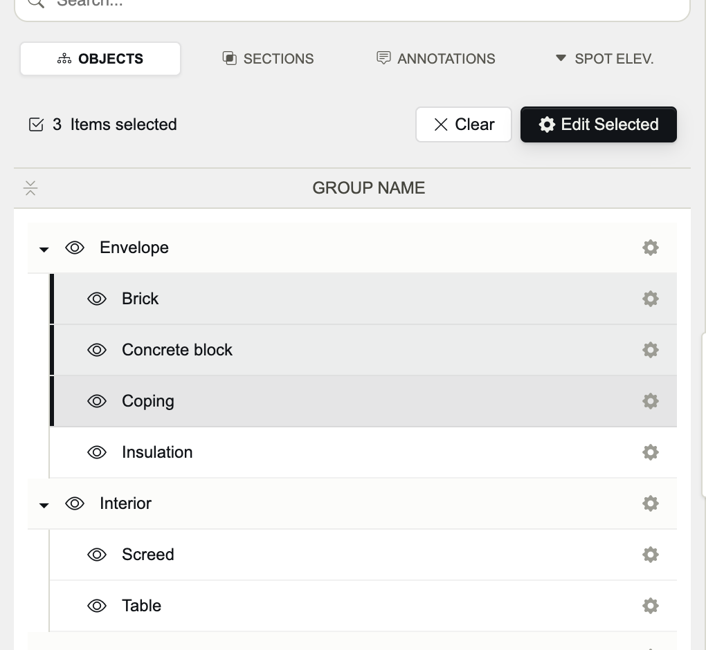 ثلاثة كائنات محددة، مع Clear وEdit Selected.