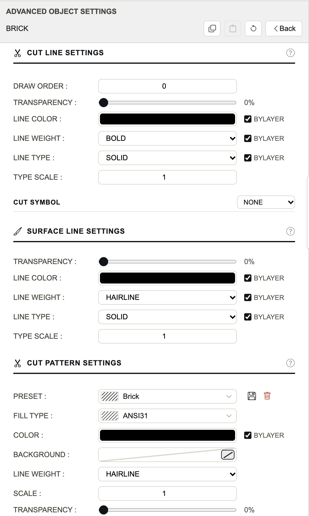 الأقسام Cut Line Settings وCut Symbol وSurface Line Settings.