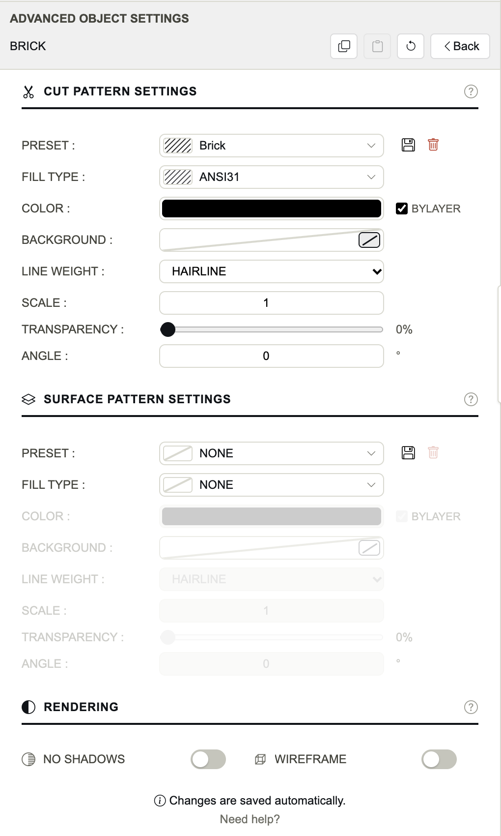 القسم Cut Pattern Settings مع الإعداد المسبق Brick، والقسم Surface Pattern Settings.
