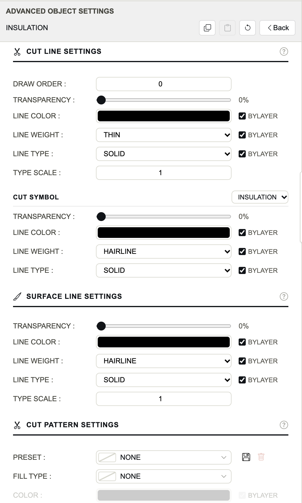 The Insulation object's panel: Cut Symbol INSULATION and its line rows.