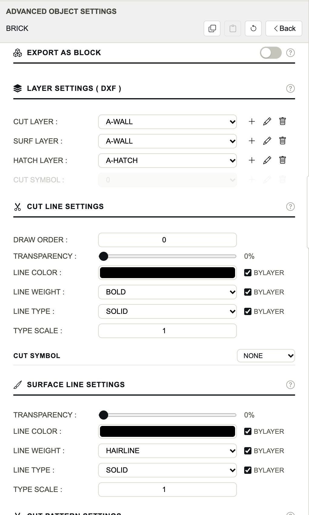 أعلى لوحة الكائن: Export as Block وLayer Settings وCut Line Settings.