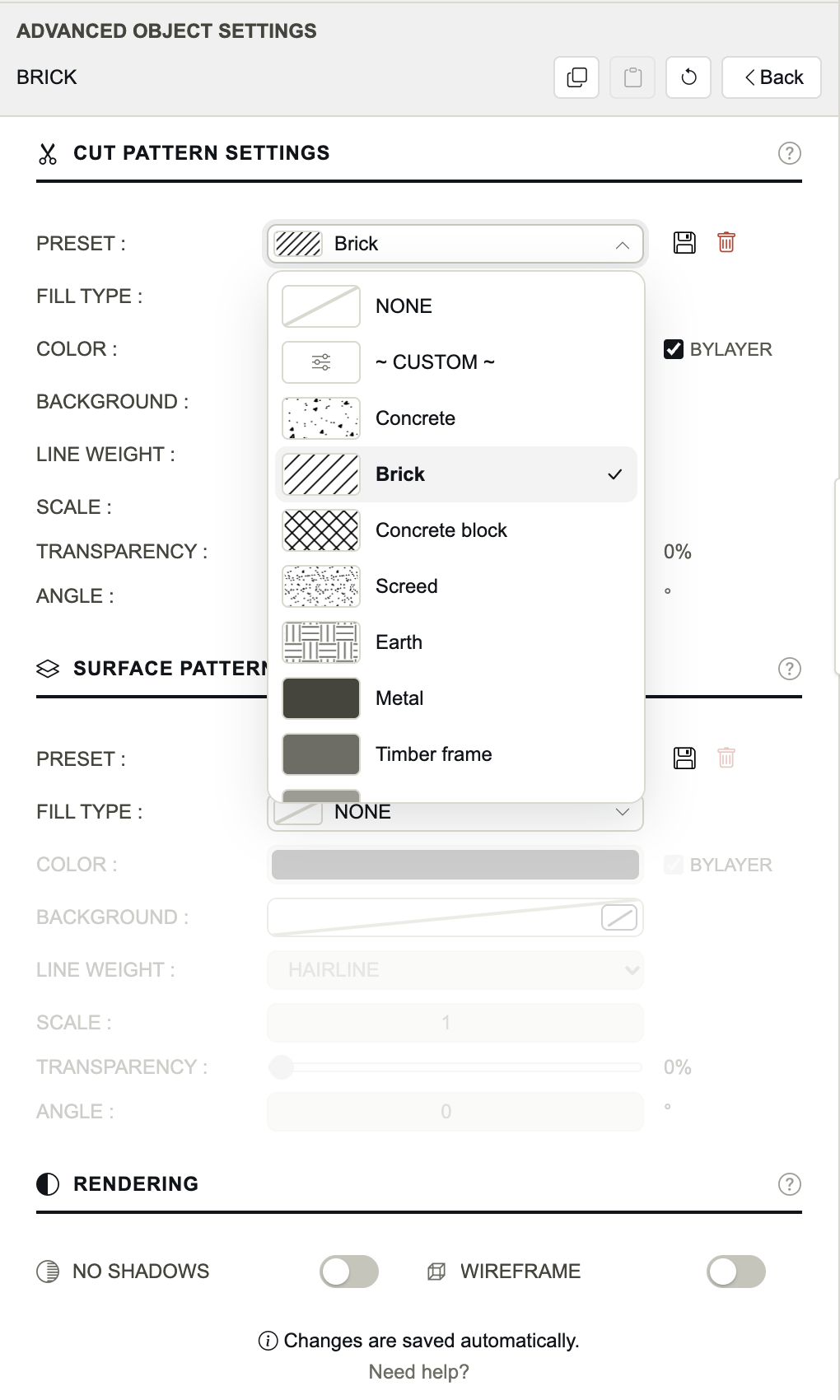 Die Liste Preset, aufgeklappt: NONE, ~ CUSTOM ~ und die Vorgaben des Projekts.