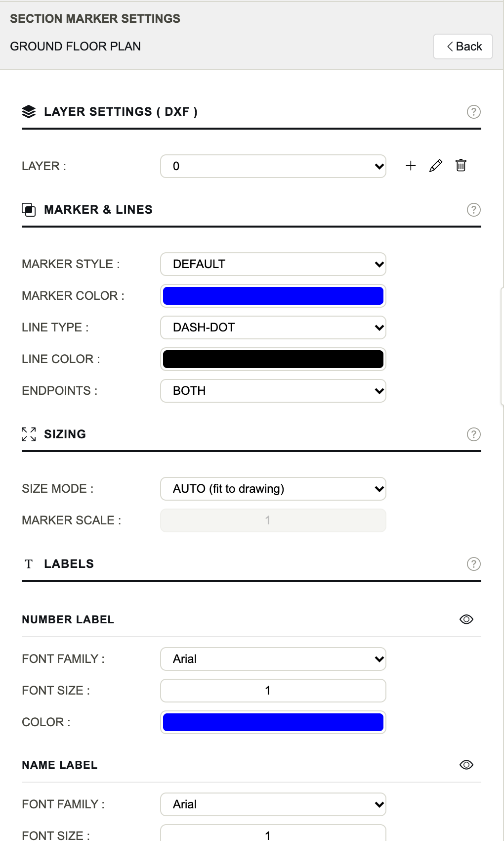 لوحة Section Marker Settings لمسقط الطابق الأرضي.
