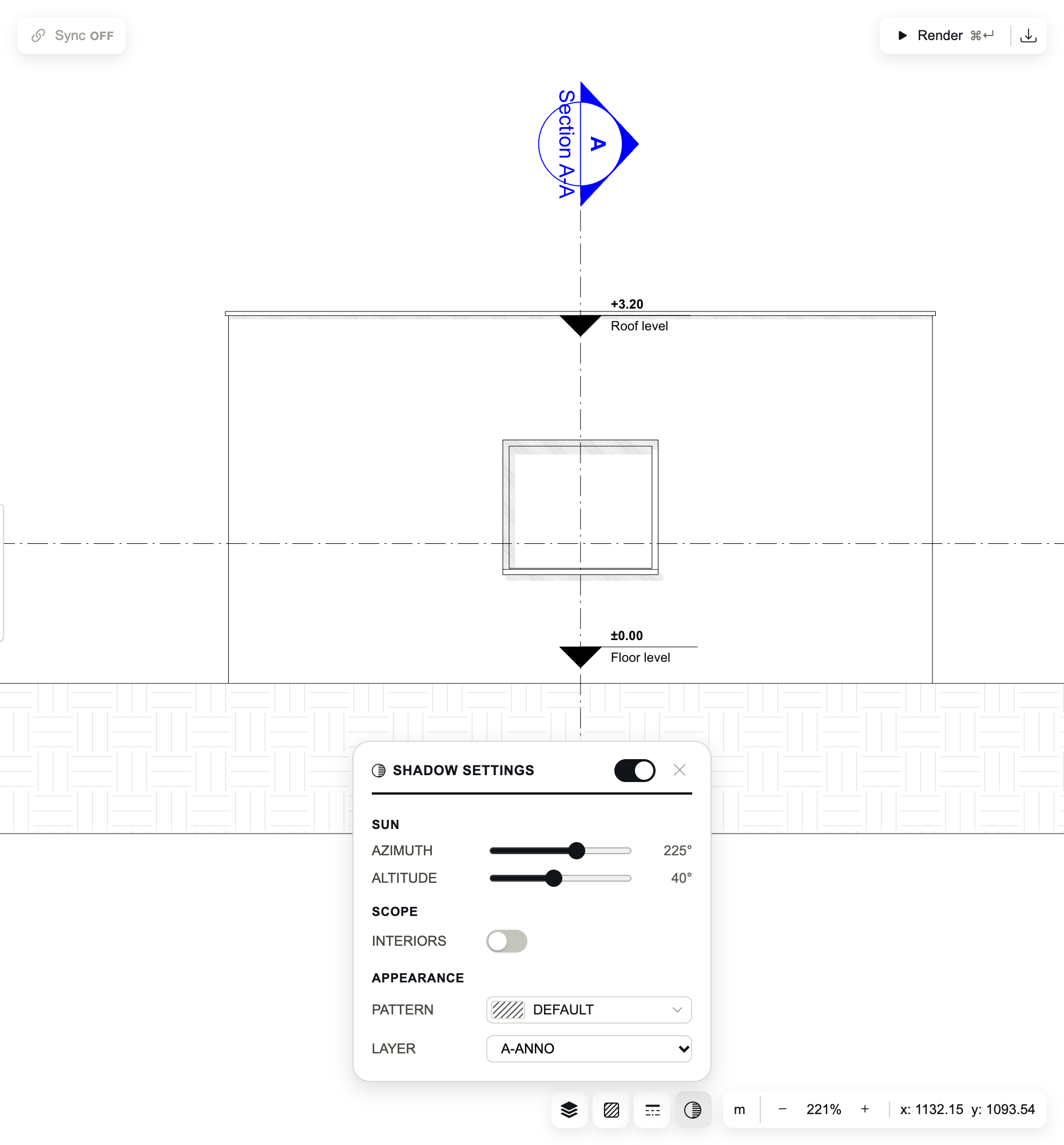 Die Südansicht, mit Schatten gerendert, und der Bereich Shadow Settings.