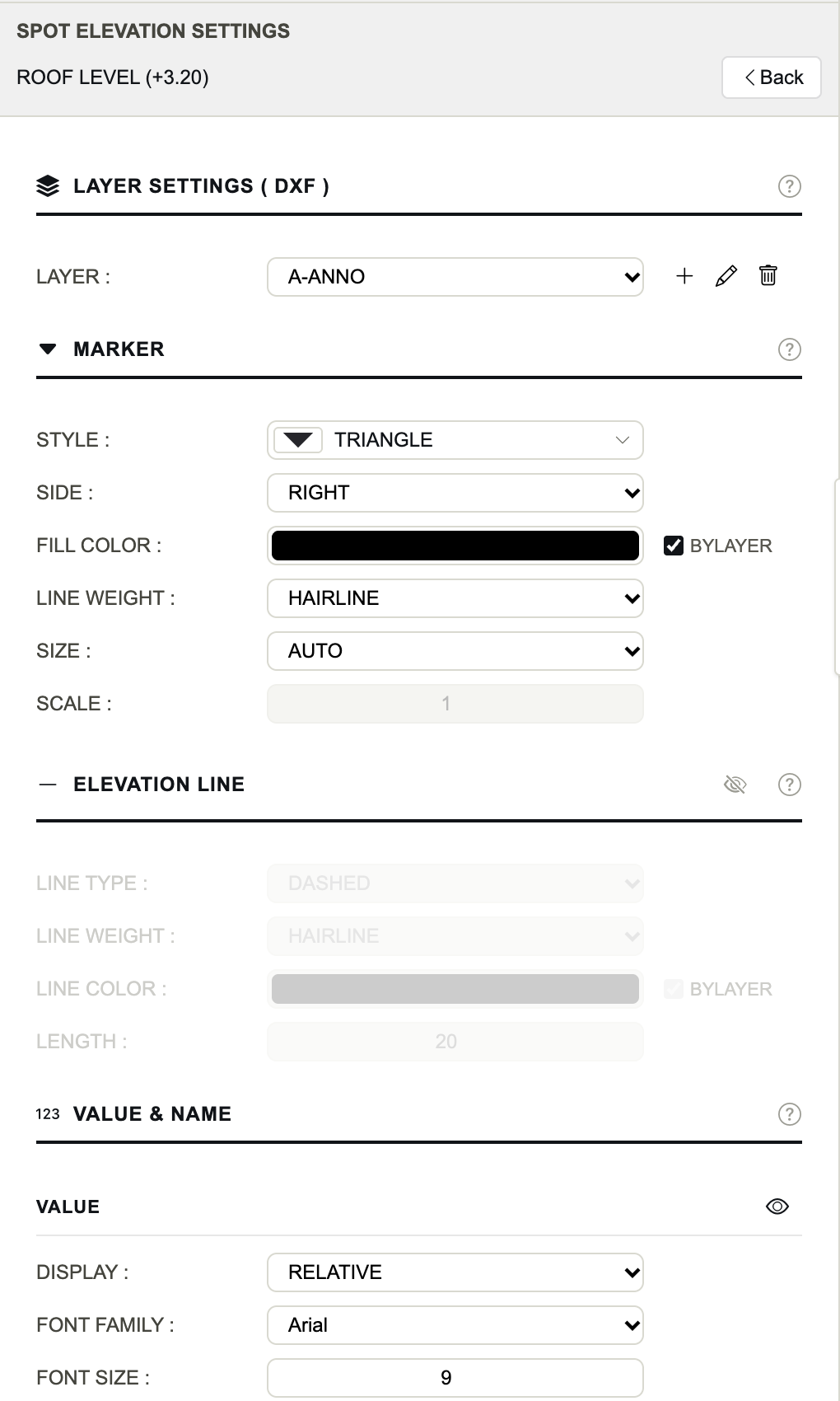 لوحة Spot Elevation Settings لمنسوب السطح (Roof level).